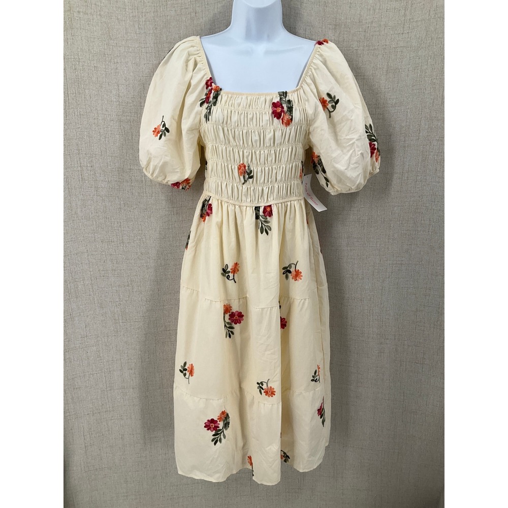 Ana & Rose Midi Dress L Ivory Floral Smocked Puff Sleeve Boho Tiered Prairie